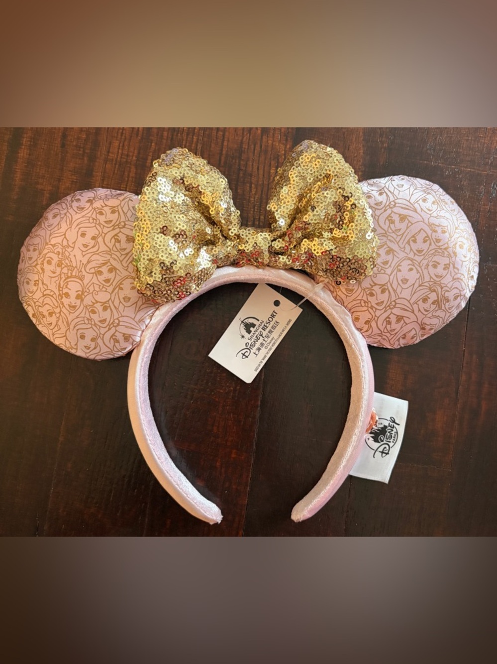Disney Princess Pink Mouse Ear Headband with Gold Sequin Bow - Picture 2 of 5